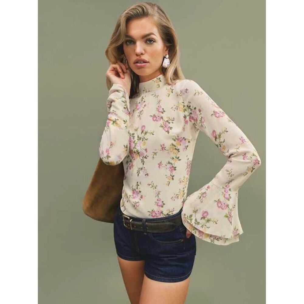 NWT Reformation Roxana Top Posy Floral Print Pink Ivory Open Back Blouse Size 6 - Picture 3 of 7